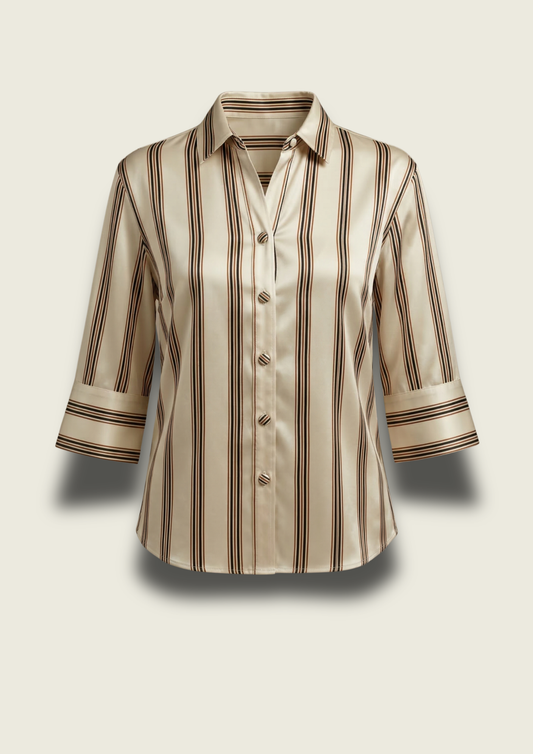 Chic India Striped Silk Shirt back view showcasing elegant ivory and cocoa stripes on luxurious silk fabric.