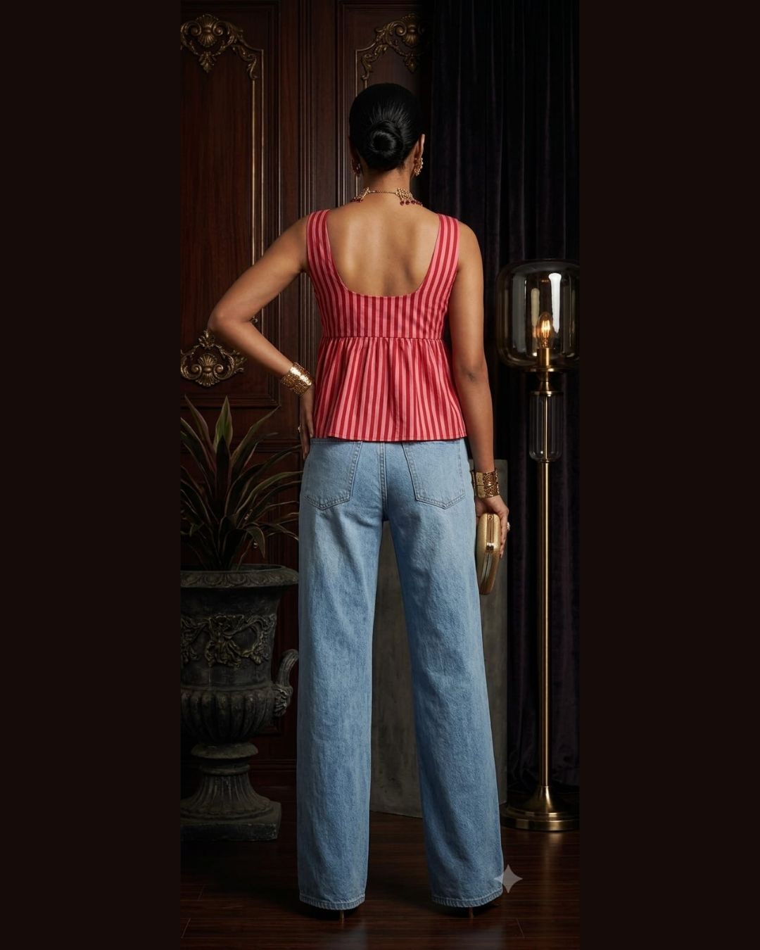 Red Striped Peplum Tie-Front Top