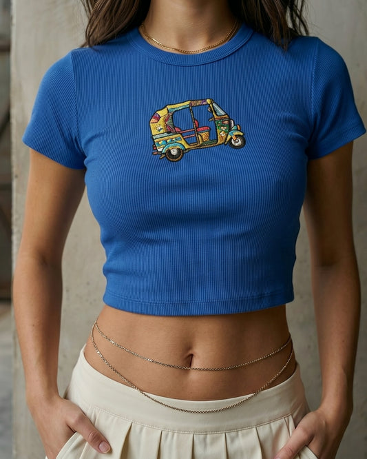 Retro Tuk Tuk Embroidered Baby Tee – Blue Fitted Crop Top