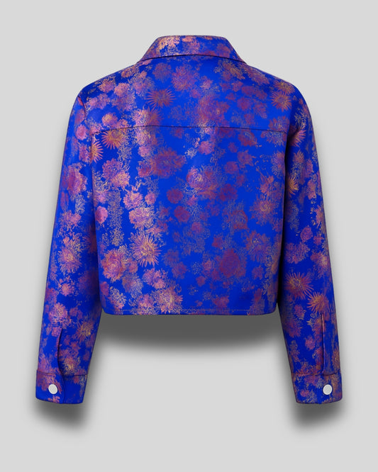 Royal Bloom Luxe Metallic Bomber Jacket – Blue & Gold