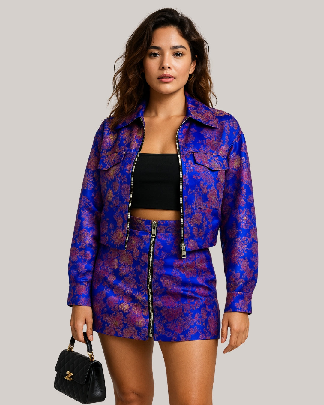 Royal Bloom Luxe Metallic Bomber Jacket – Blue & Gold