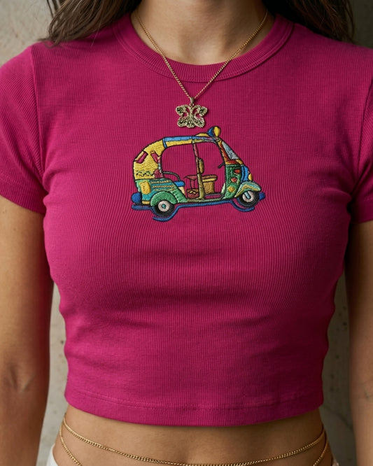Retro Tuk Tuk Embroidered Baby Tee – Pink Fitted Crop Top