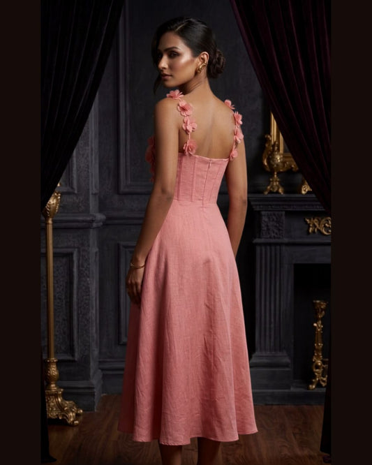 Blush Floral Strap A-Line Midi Dress