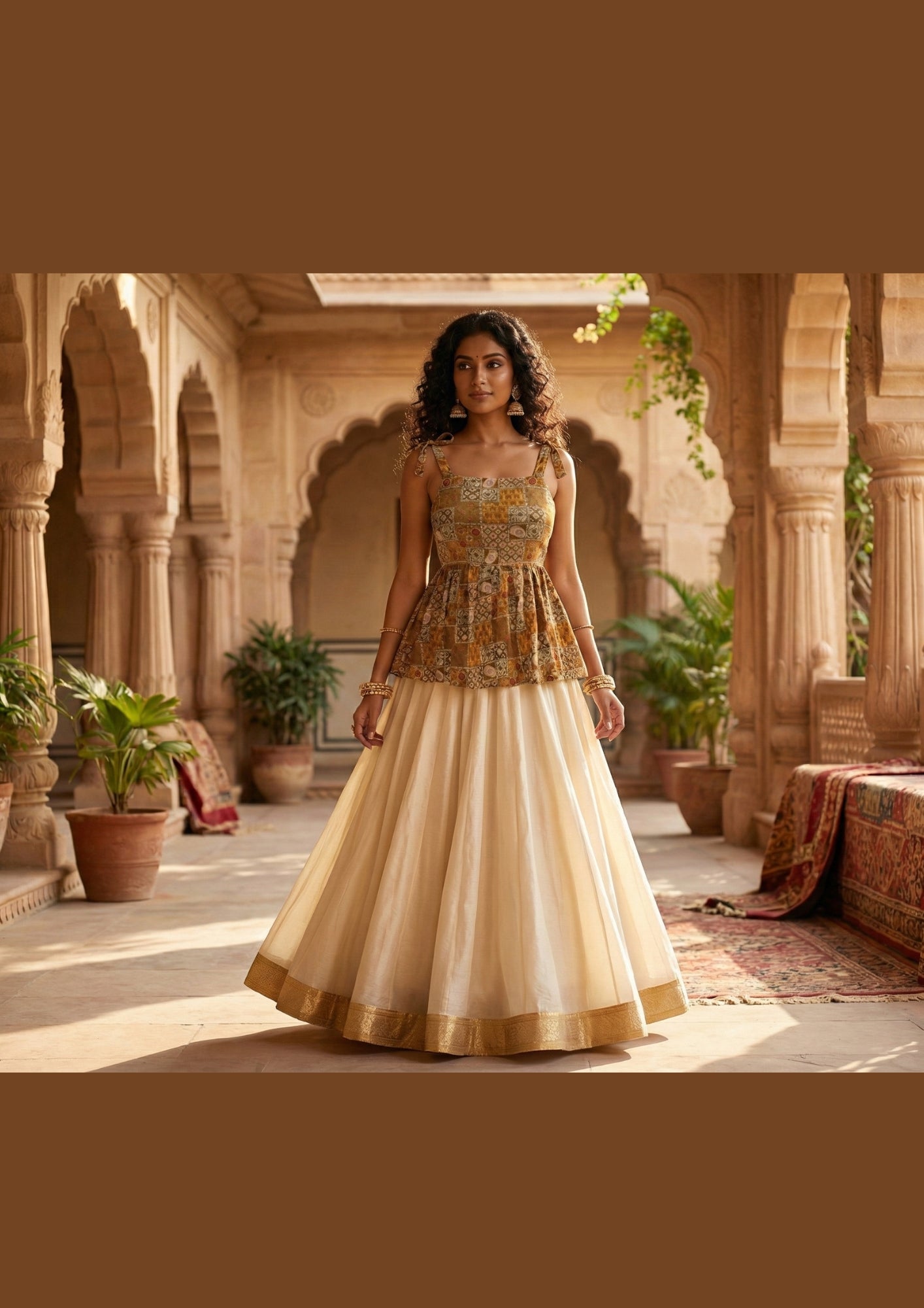 Earthy Patchwork Tie-Strap Peplum Top Free Size