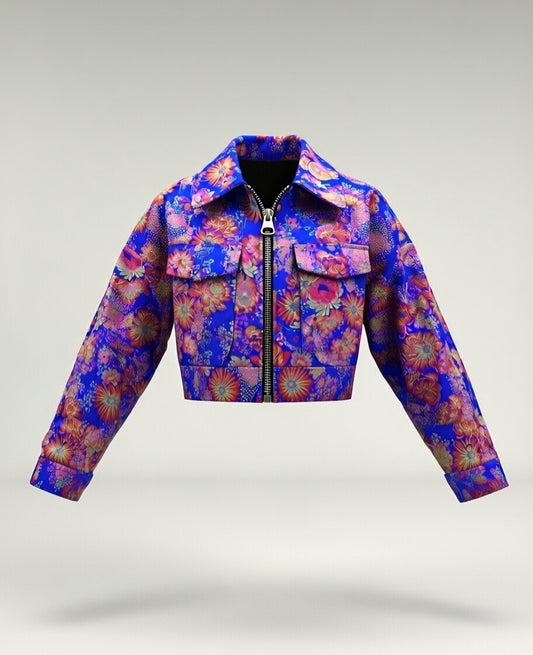 Royal Bloom Luxe Metallic Bomber Jacket – Blue & Gold