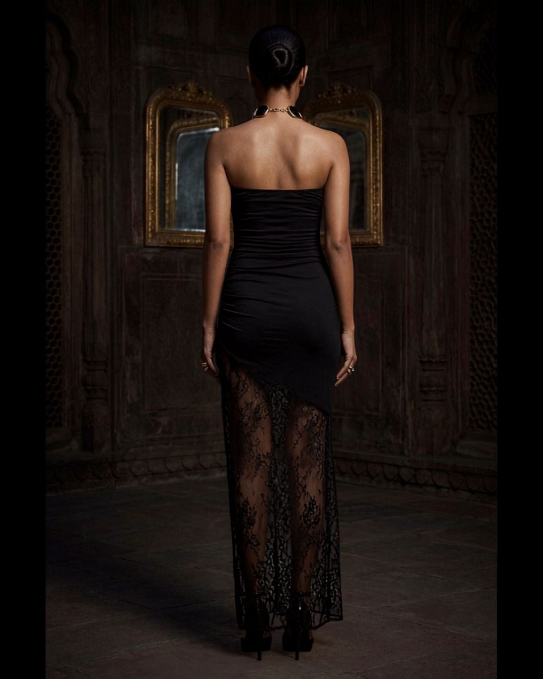 Black Strapless Lace Slit Maxi Dress | Chic India