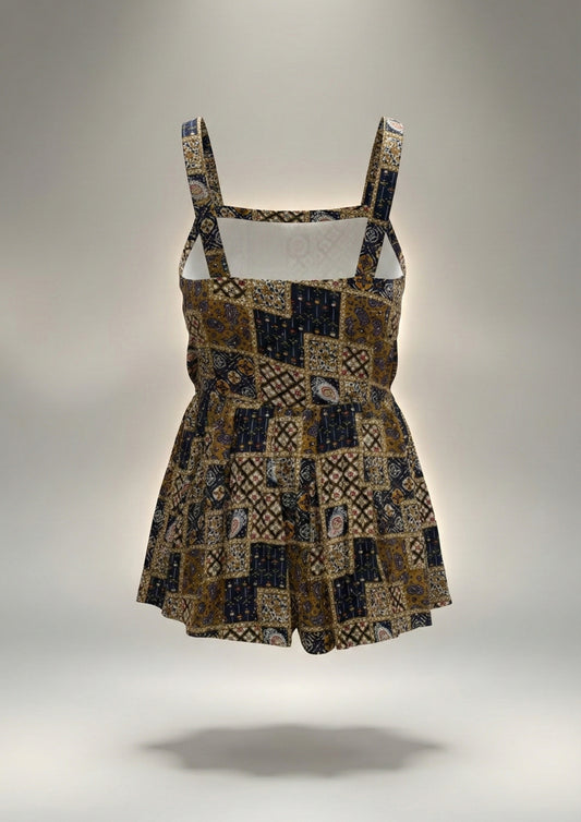 Earthy Patchwork Tie-Strap Peplum Top Blue Free Size