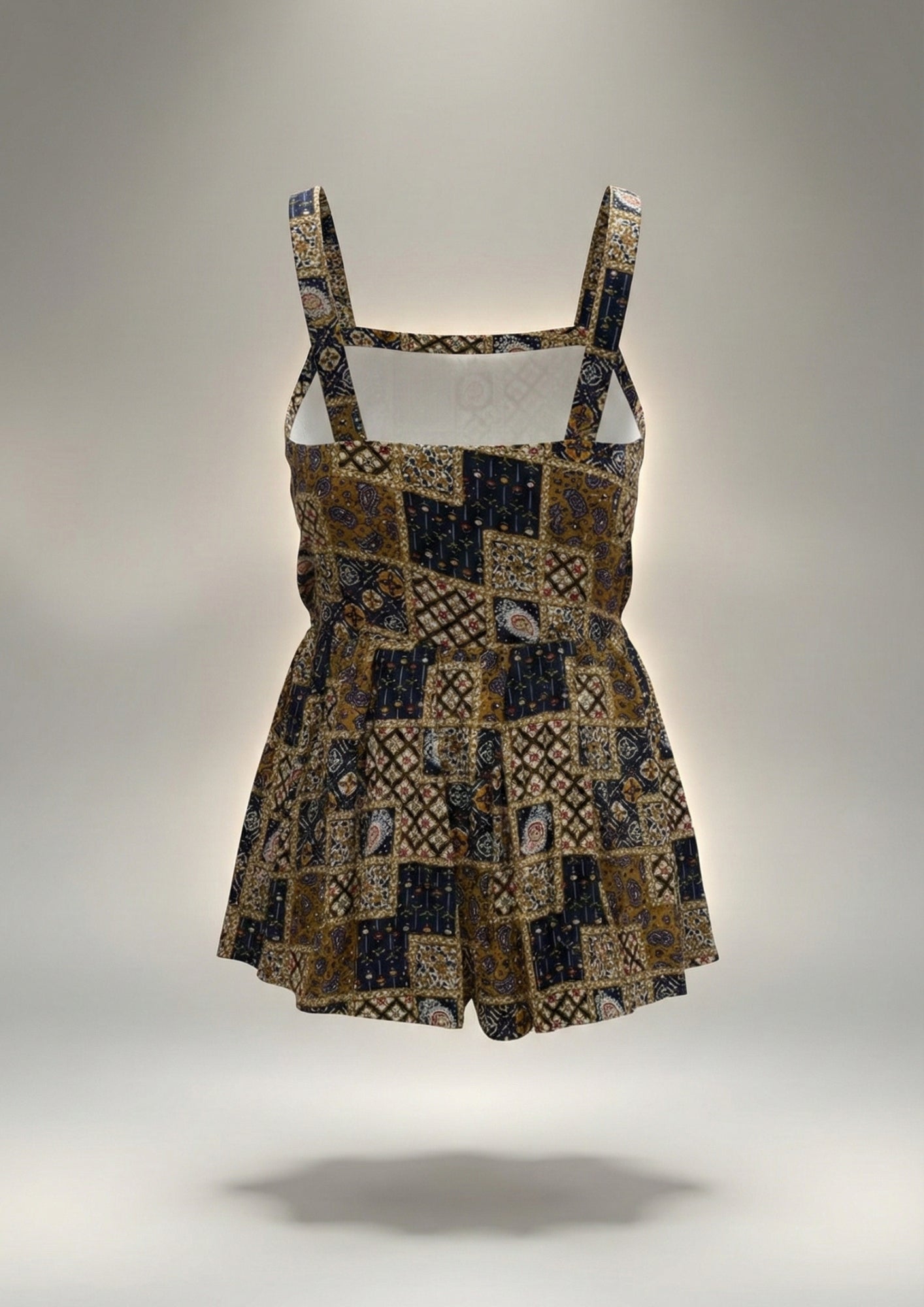 Earthy Patchwork Tie-Strap Peplum Top Blue Free Size