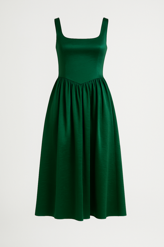 Emerald Green Sleeveless Midi Dress - Front View Elegant Fit