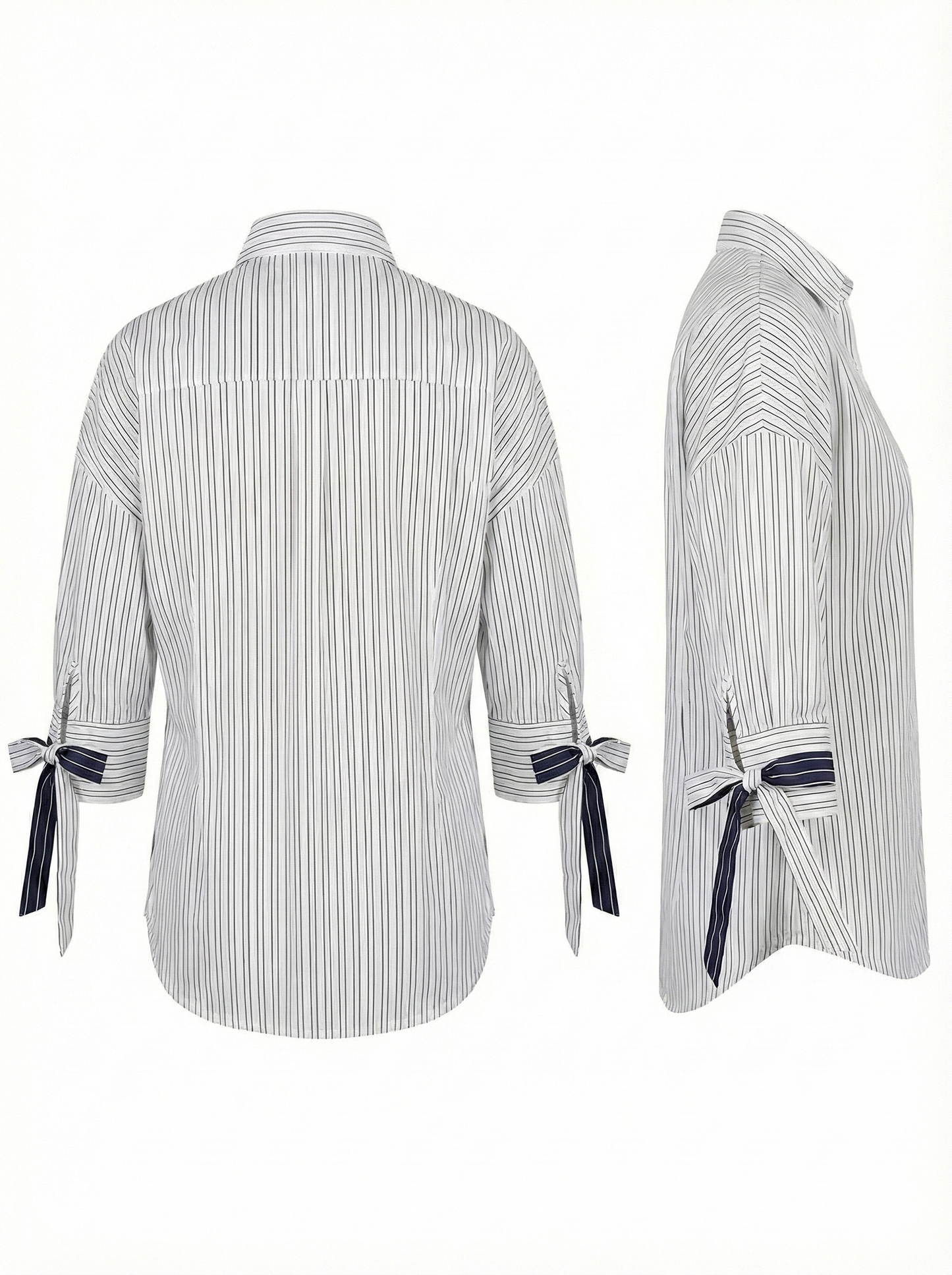 Classic Stripe Edition: White & Navy Button-Down Shirt with Bow-Tie Sleeves