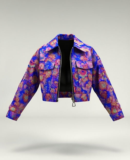 Royal Bloom Luxe Metallic Bomber Jacket – Blue & Gold