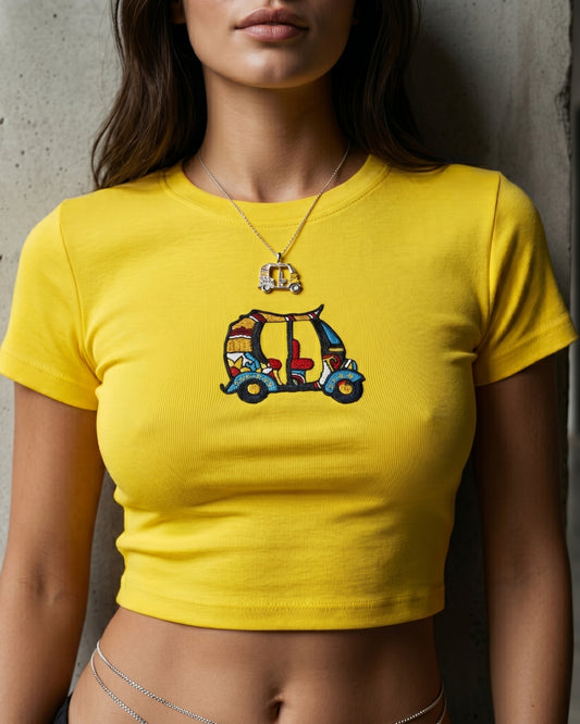 Retro Tuk Tuk Embroidered Baby Tee – Yellow Fitted Crop Top