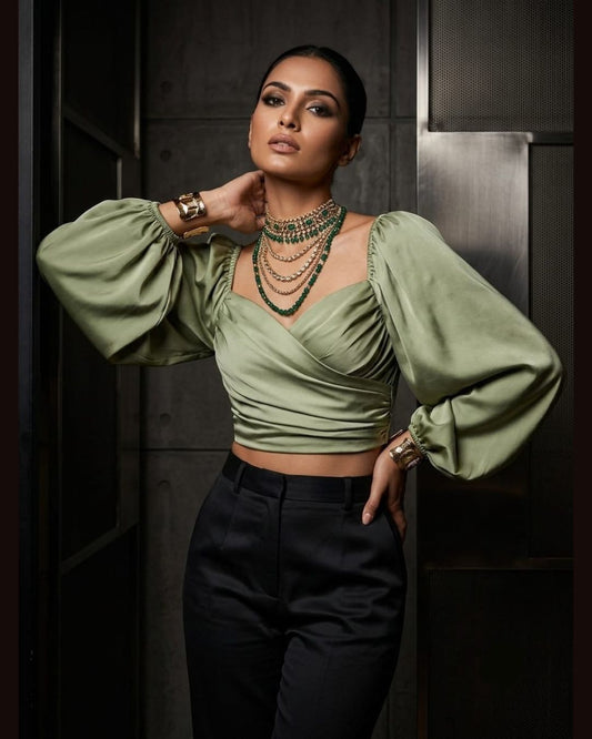 Sage Satin Puff Sleeve Crop Top