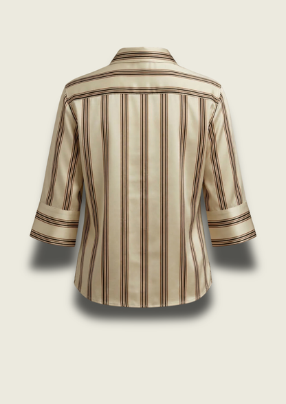 Chic India Striped Silk Shirt back view showcasing elegant ivory and cocoa stripes on luxurious silk fabric.