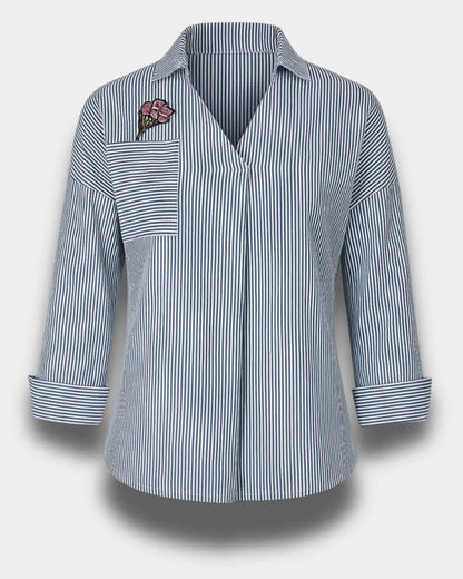 Chic India Striped Cotton Shirt floral embroidery