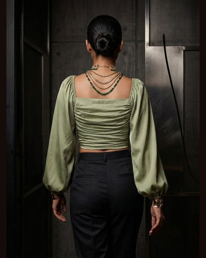 Sage Satin Puff Sleeve Crop Top