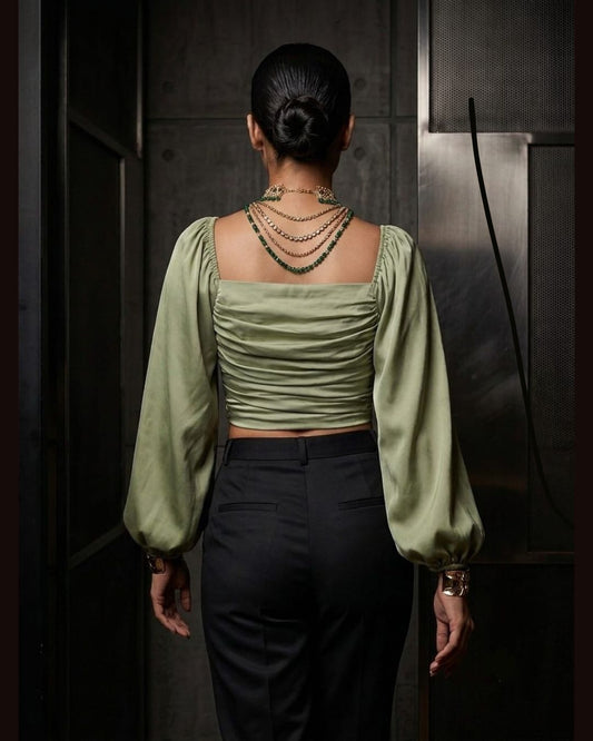 Sage Satin Puff Sleeve Crop Top