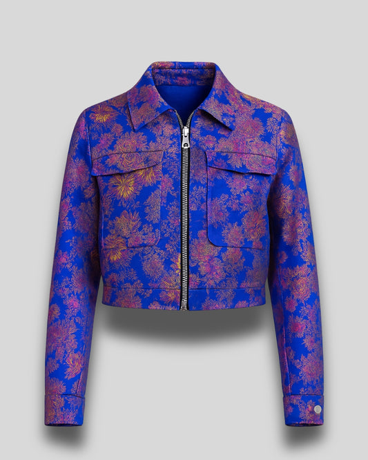 Royal Bloom Luxe Metallic Bomber Jacket – Blue & Gold