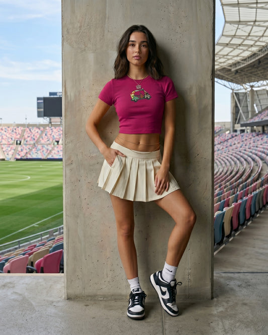 Retro Tuk Tuk Embroidered Baby Tee – Pink Fitted Crop Top