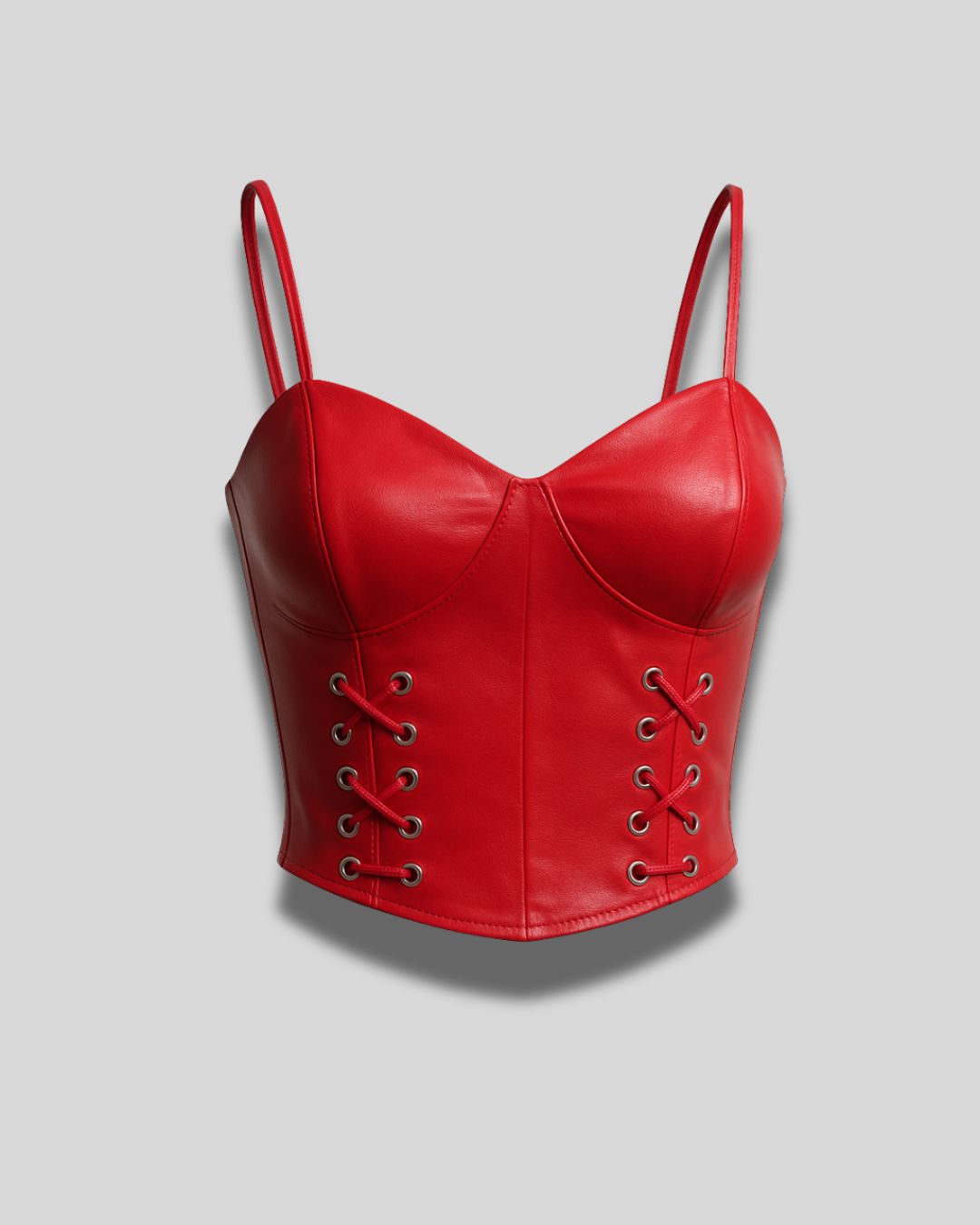 Red Faux Leather Corset Top with Lace-Up Detailing | Chic India