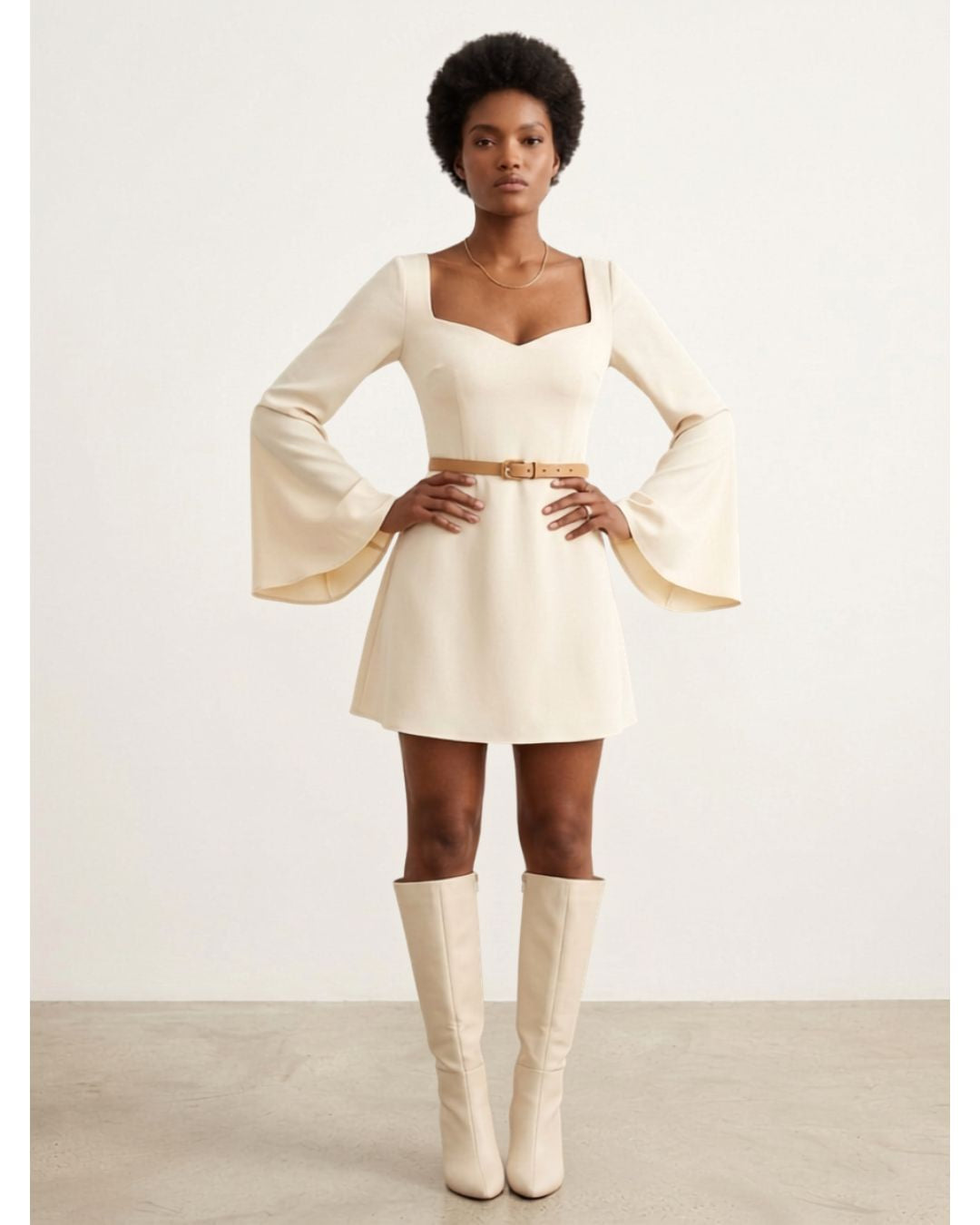 Ivory Sweetheart Bell Sleeve Mini Dress | Chic India