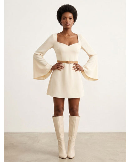 Ivory Sweetheart Bell Sleeve Mini Dress | Chic India