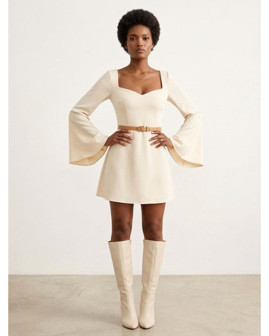 Ivory Sweetheart Bell Sleeve Mini Dress | Chic India