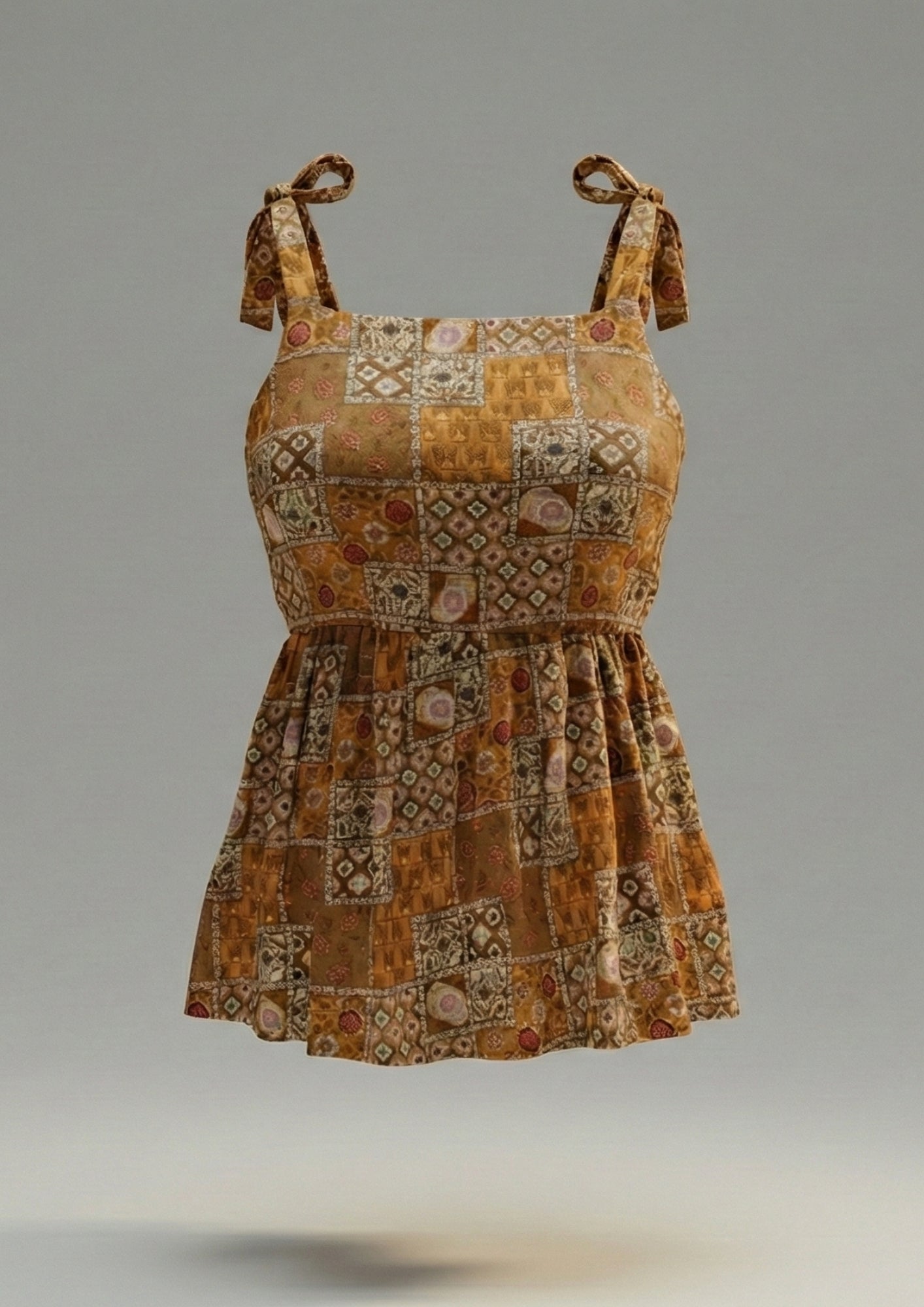 Earthy Patchwork Tie-Strap Peplum Top Free Size