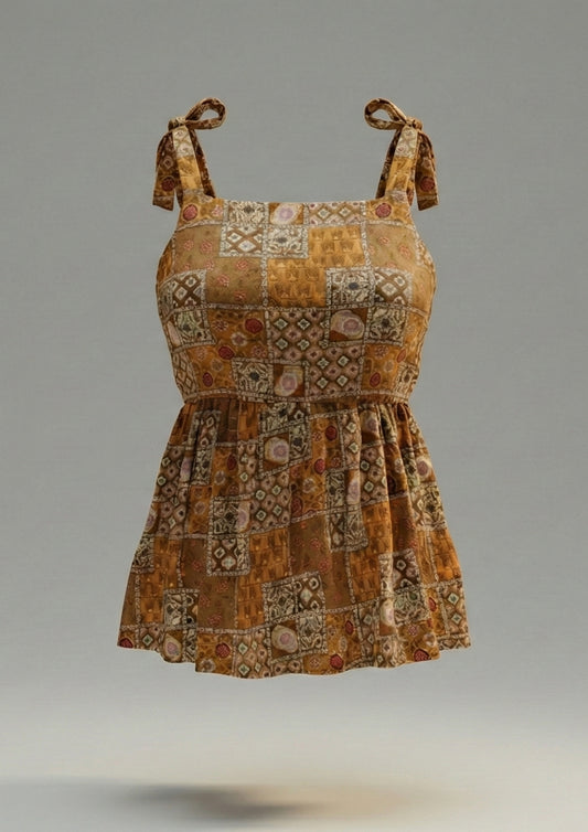 Earthy Patchwork Tie-Strap Peplum Top Free Size