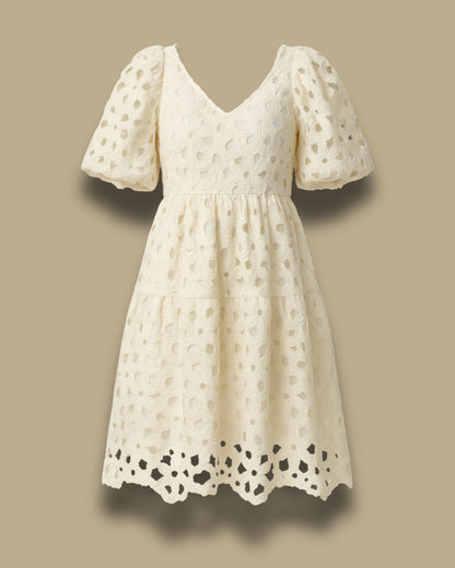 Ivory Puff Sleeve Eyelet Lace Dress