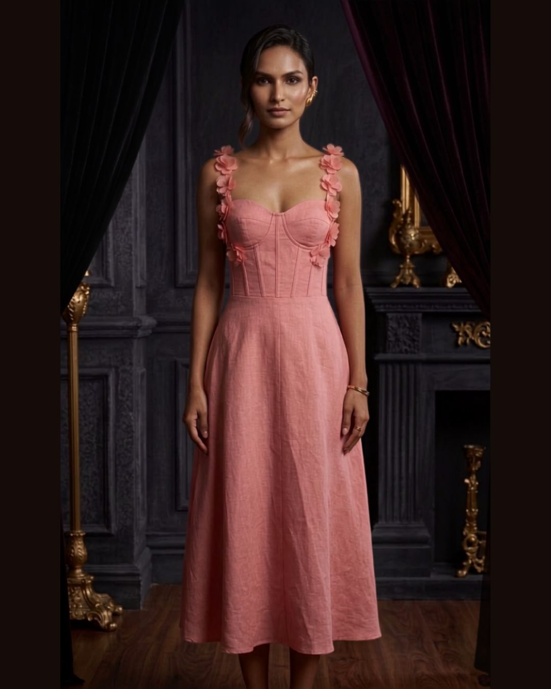 Blush Floral Strap A-Line Midi Dress