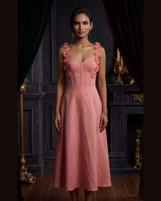 Blush Floral Strap A-Line Midi Dress