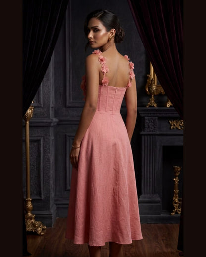 Blush Floral Strap A-Line Midi Dress