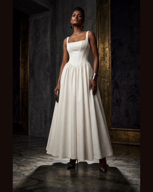 White Square Neck Fit & Flare Maxi Dress