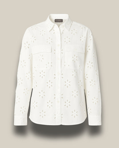 White Eyelet Cotton Shirt – Embroidered Long Sleeve Shirt for Women | Chic India