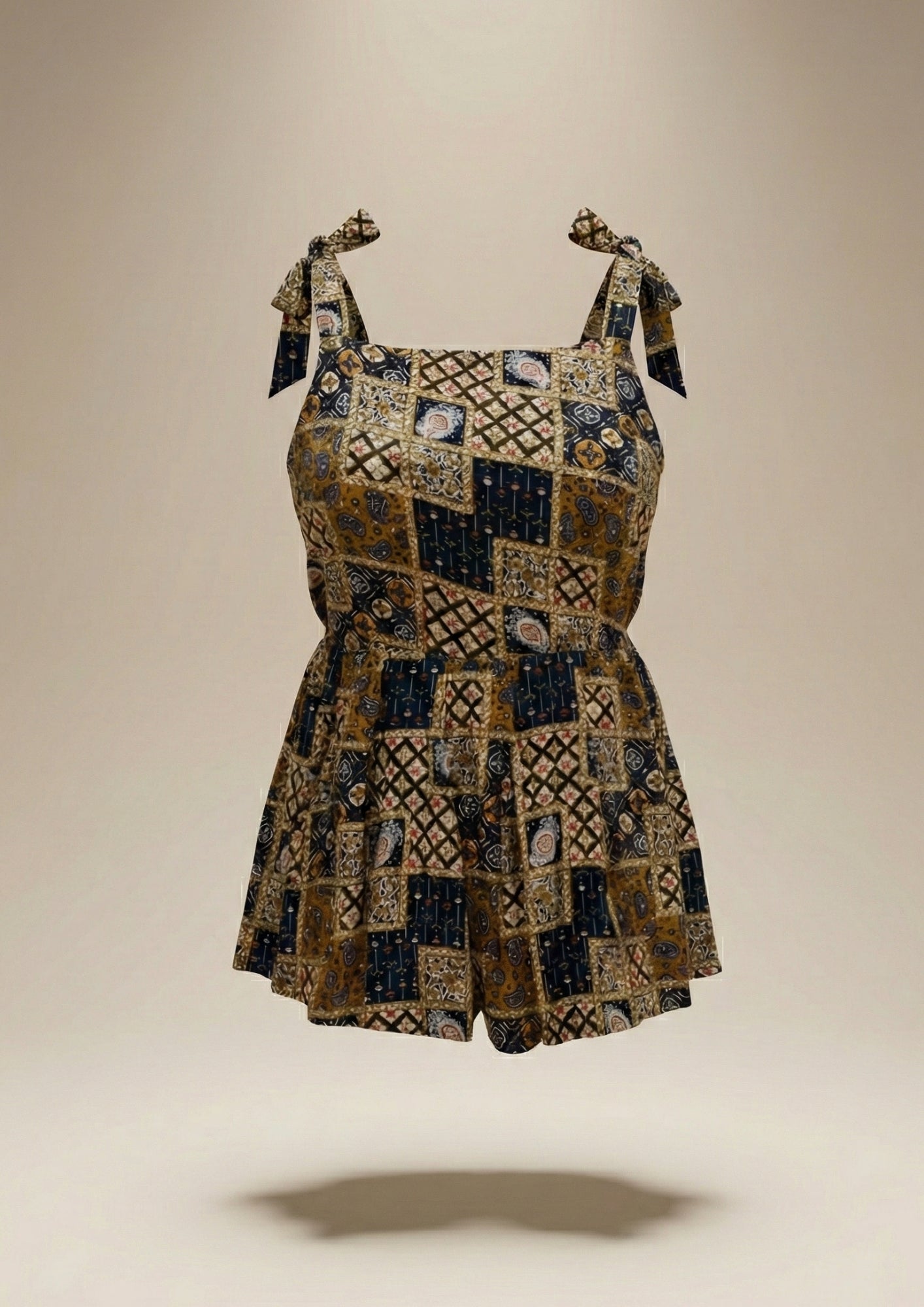 Earthy Patchwork Tie-Strap Peplum Top Blue Free Size