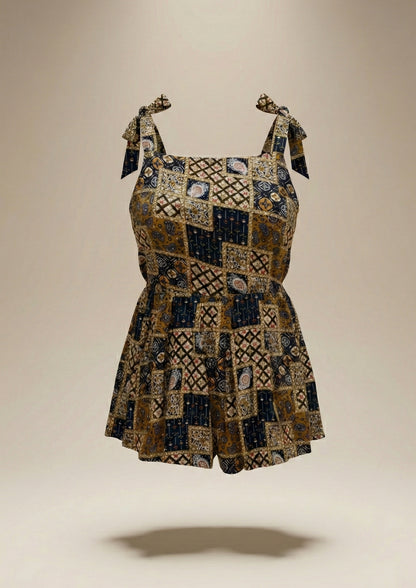 Earthy Patchwork Tie-Strap Peplum Top Blue Free Size