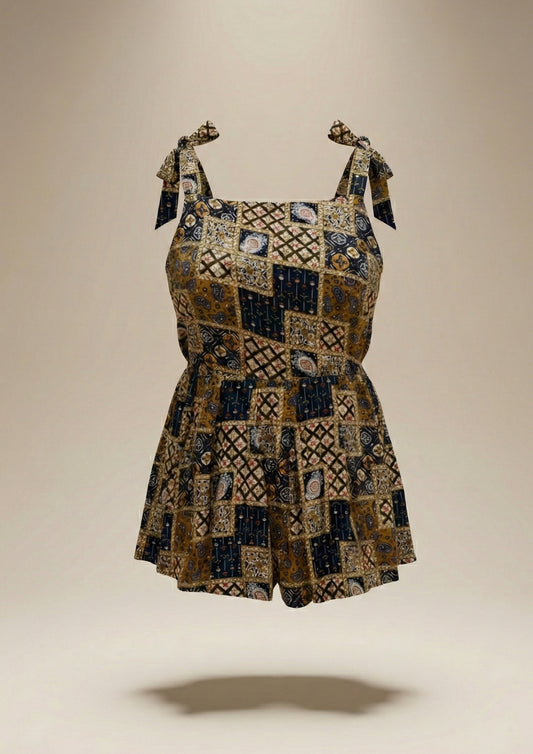 Earthy Patchwork Tie-Strap Peplum Top Blue Free Size