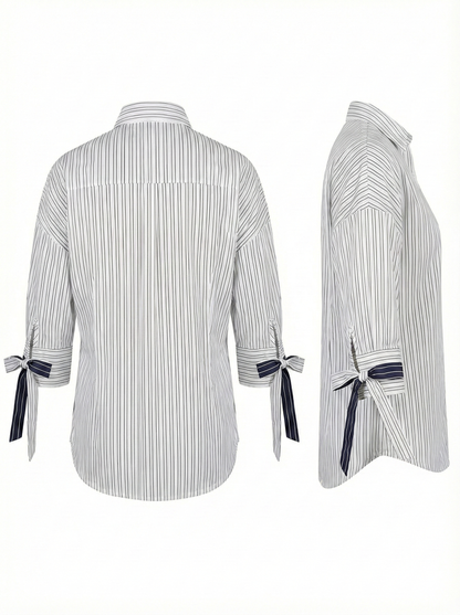 Classic Stripe Edition: White & Navy Button-Down Shirt with Bow-Tie Sleeves