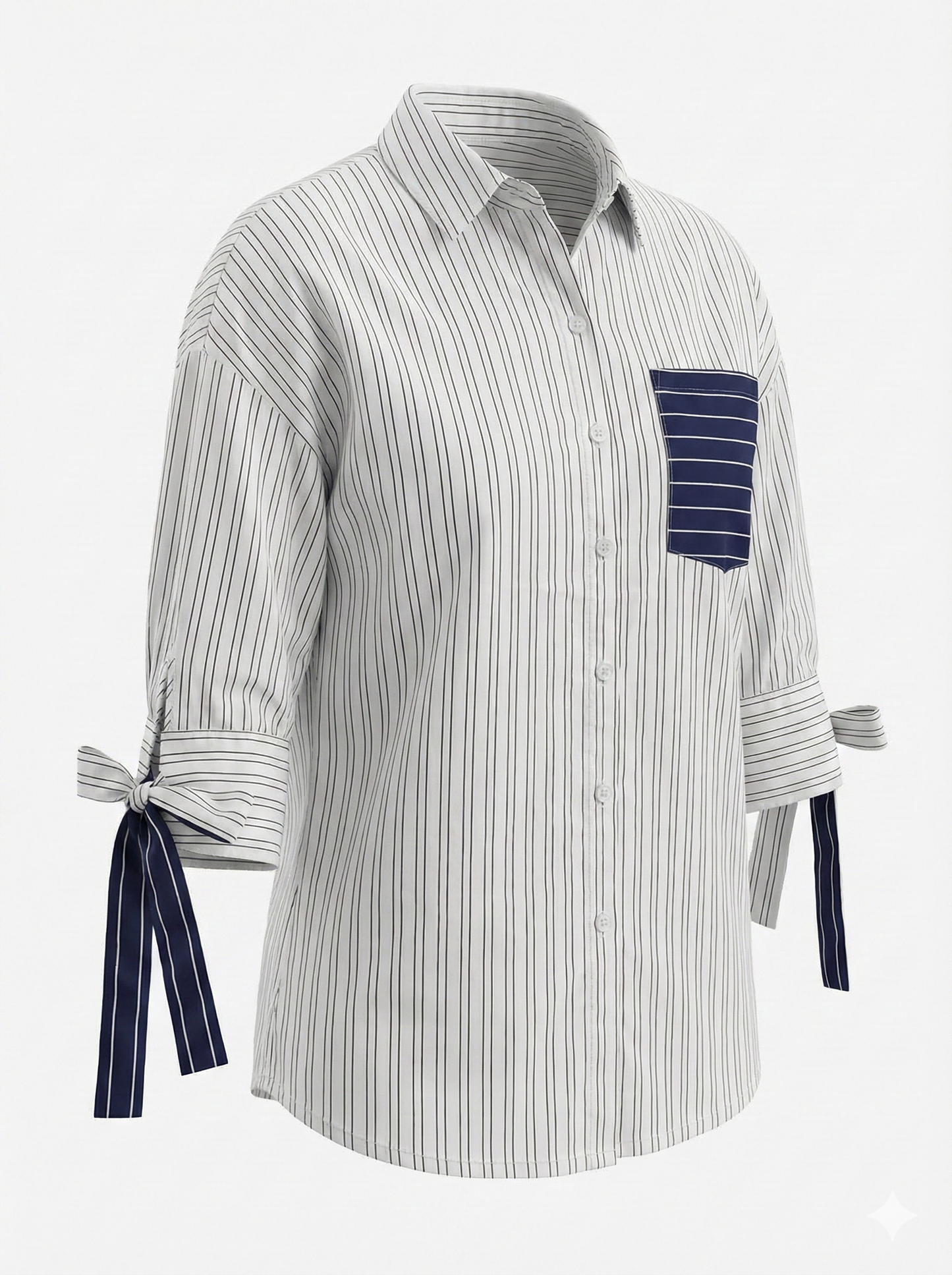 Classic Stripe Edition: White & Navy Button-Down Shirt with Bow-Tie Sleeves