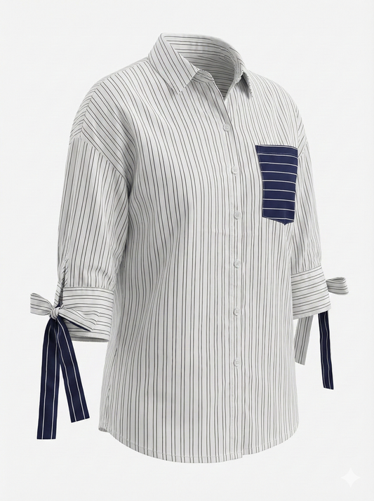 Classic Stripe Edition: White & Navy Button-Down Shirt with Bow-Tie Sleeves