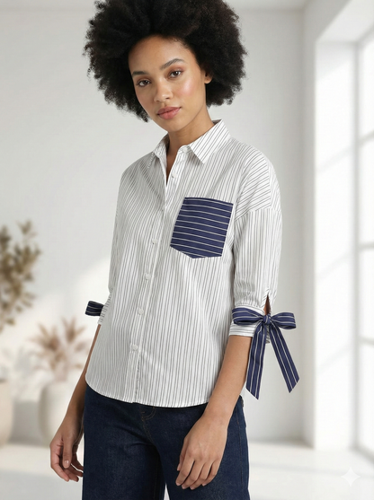 Classic Stripe Edition: White & Navy Button-Down Shirt with Bow-Tie Sleeves