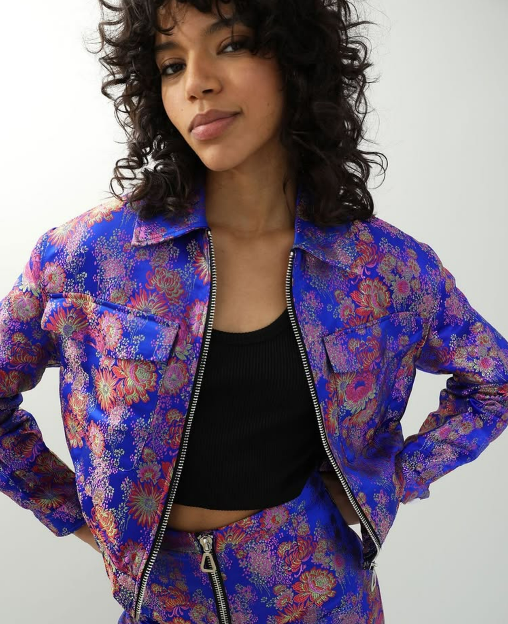 Royal Bloom Luxe Metallic Bomber Jacket – Blue & Gold