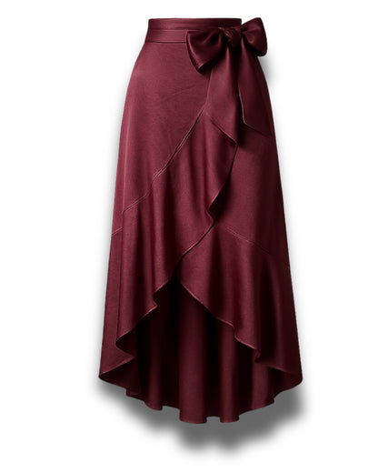 Women's Wine Satin Ruffle Wrap Skirt with Bow – Chic India