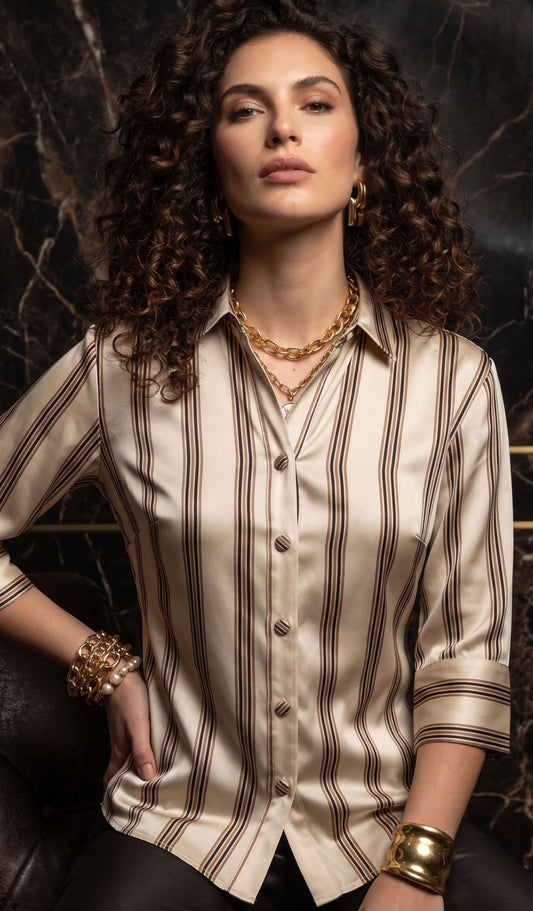 Striped Silk Shirt - Elegant Ivory & Cocoa | Chic India