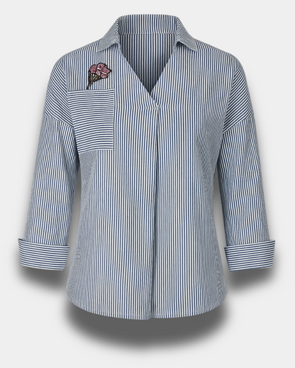 Women's Striped Button-Back Shirt with Embroidered Detail