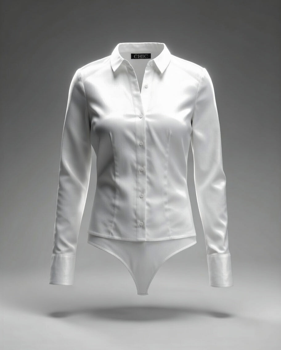 Women's Classic White Bodysuit Shirt – Long Sleeve, Tailored Fit