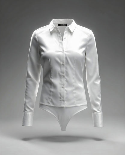 Women's Classic White Bodysuit Shirt – Long Sleeve, Tailored Fit