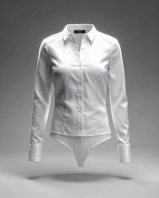 Women's Classic White Bodysuit Shirt – Long Sleeve, Tailored Fit