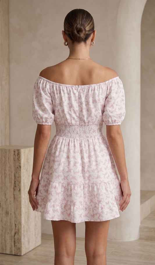 Floral Puff Sleeve Smocked Waist Mini Dress – Vintage Summer Cottage Dress
